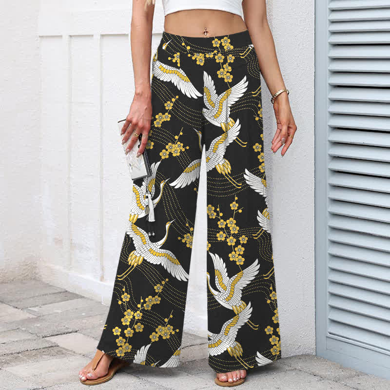 Buddha Stones Cotton Linen Crane Blossom Pattern Women's Elastic Waist Wide Leg Pants With Pockets - image 1