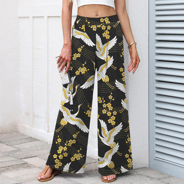 Buddha Stones Cotton Linen Crane Blossom Pattern Women's Elastic Waist Wide Leg Pants With Pockets - image 1