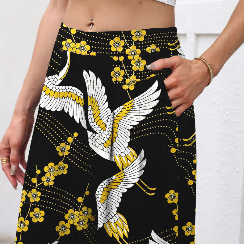 Buddha Stones Cotton Linen Crane Blossom Pattern Women's Elastic Waist Wide Leg Pants With Pockets - image 2