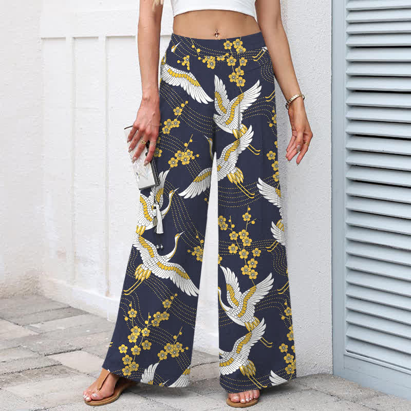 Buddha Stones Cotton Linen Crane Blossom Pattern Women's Elastic Waist Wide Leg Pants With Pockets - image 6
