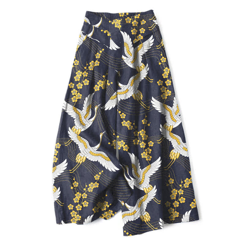 Buddha Stones Cotton Linen Crane Blossom Pattern Women's Elastic Waist Wide Leg Pants With Pockets - Navy - US16，UK/AU20，EU48 (3XL) - image 5