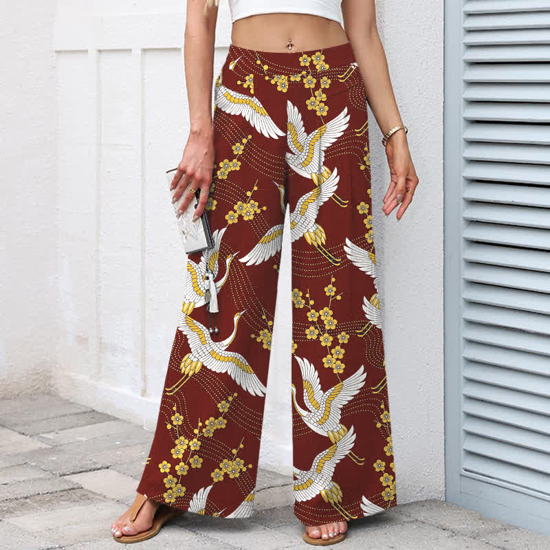 Buddha Stones Cotton Linen Crane Blossom Pattern Women's Elastic Waist Wide Leg Pants With Pockets - image 8