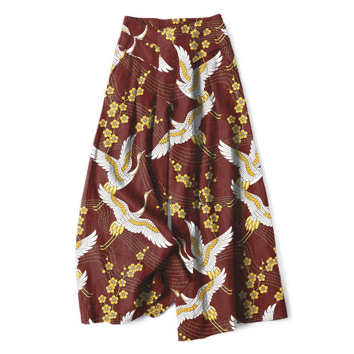 Buddha Stones Cotton Linen Crane Blossom Pattern Women's Elastic Waist Wide Leg Pants With Pockets - Maroon - US16，UK/AU20，EU48 (3XL) - image 7