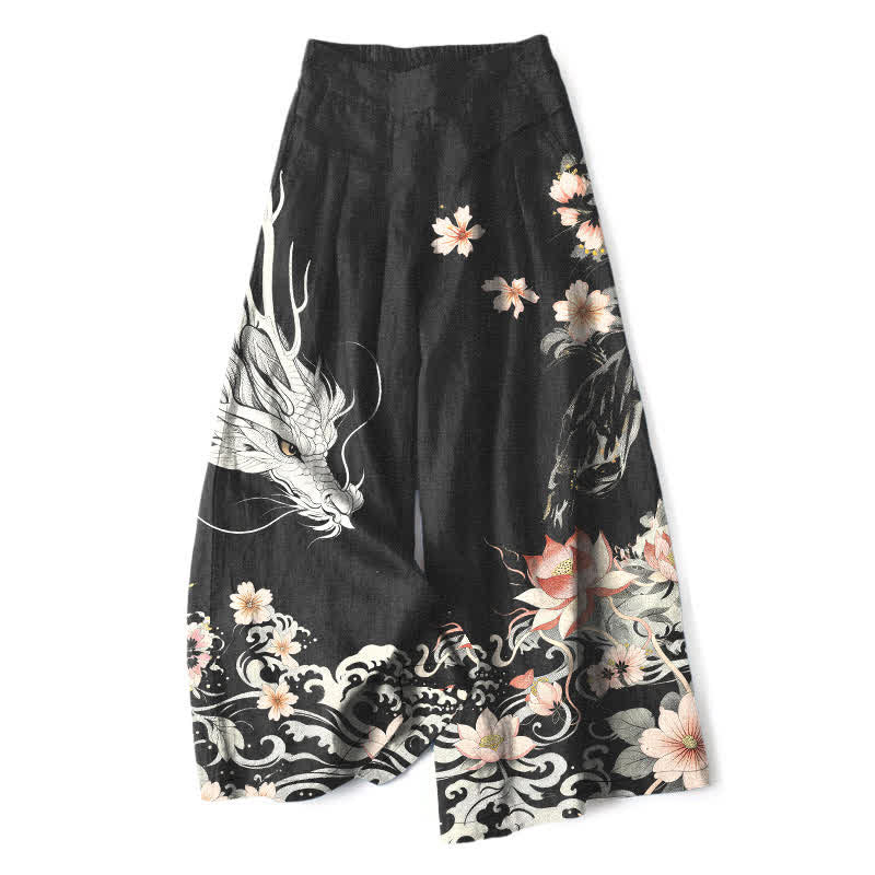 Buddha Stones Cotton Linen Oriental Dragon Pattern Women's Elastic Waist Wide Leg Pants With Pockets - Black - US16，UK/AU20，EU48 (3XL) - image 0