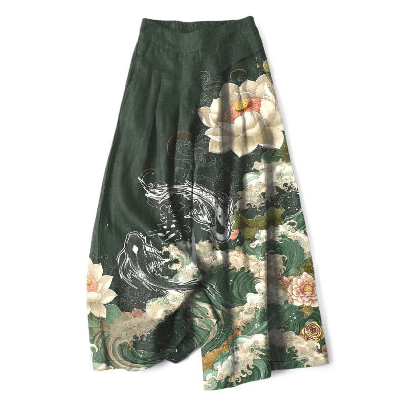 Buddha Stones Cotton Linen Lotus Koi Wave Pattern Women's Elastic Waist Wide Leg Pants With Pockets - DarkGreen - US16，UK/AU20，EU48 (3XL) - image 7