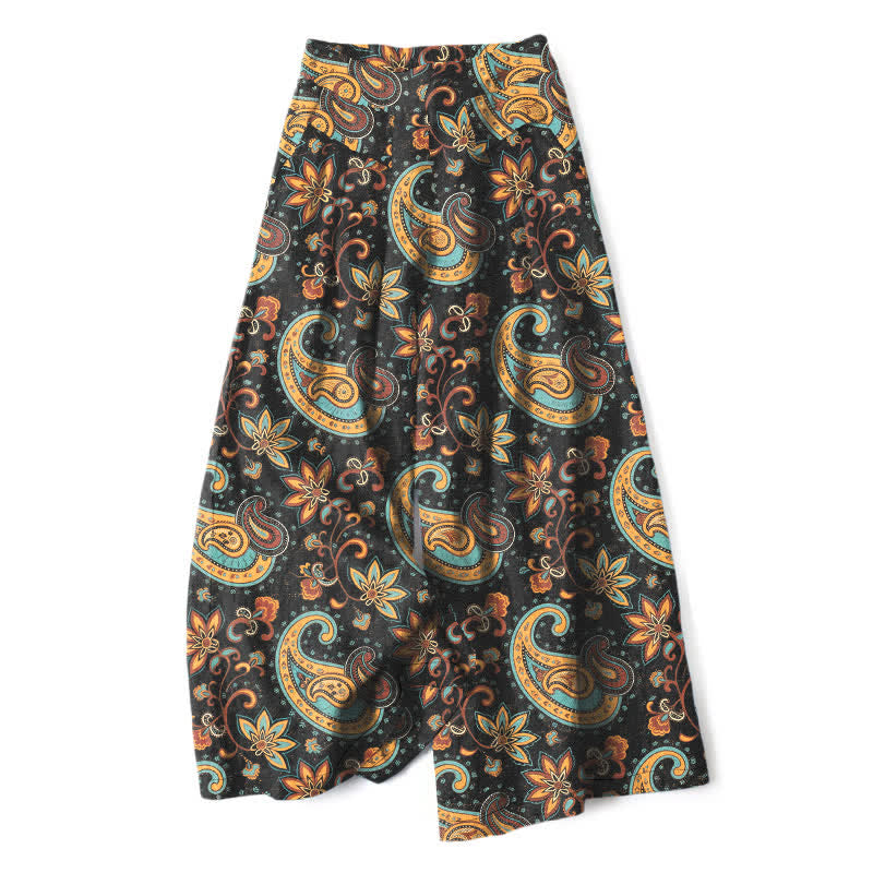 Buddha Stones Cotton Linen Bohemian Paisley Floral Pattern Women's Elastic Waist Wide Leg Pants With Pockets - Black - US16，UK/AU20，EU48 (3XL) - image 0