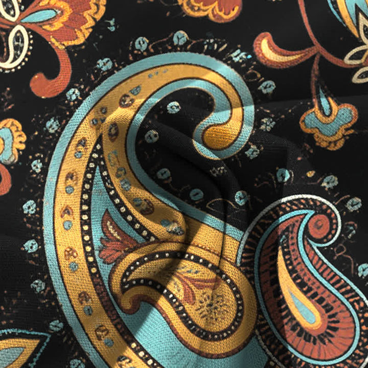 Buddha Stones Cotton Linen Bohemian Paisley Floral Pattern Women's Elastic Waist Wide Leg Pants With Pockets - image 4
