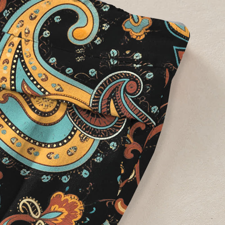 Buddha Stones Cotton Linen Bohemian Paisley Floral Pattern Women's Elastic Waist Wide Leg Pants With Pockets - image 3