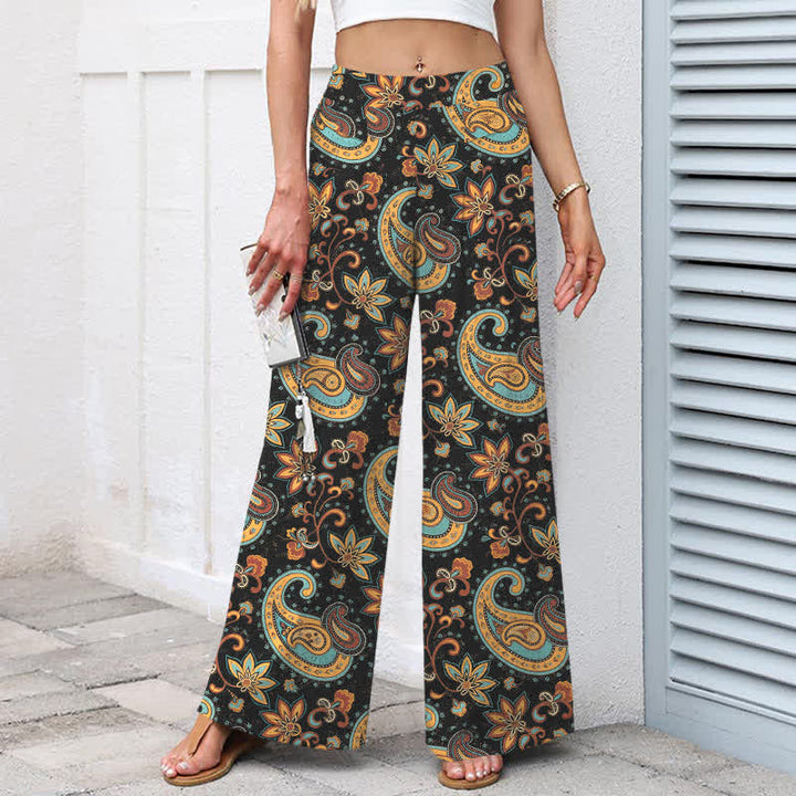 Buddha Stones Cotton Linen Bohemian Paisley Floral Pattern Women's Elastic Waist Wide Leg Pants With Pockets - image 1