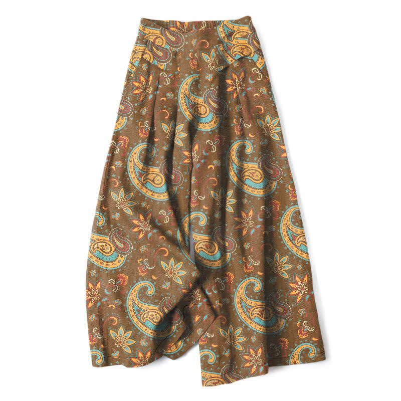 Buddha Stones Cotton Linen Bohemian Paisley Floral Pattern Women's Elastic Waist Wide Leg Pants With Pockets - Sienna - US16，UK/AU20，EU48 (3XL) - image 5