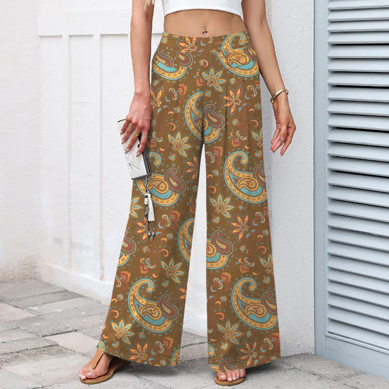 Buddha Stones Cotton Linen Bohemian Paisley Floral Pattern Women's Elastic Waist Wide Leg Pants With Pockets - image 6