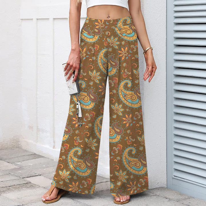 Buddha Stones Cotton Linen Bohemian Paisley Floral Pattern Women's Elastic Waist Wide Leg Pants With Pockets - image 6