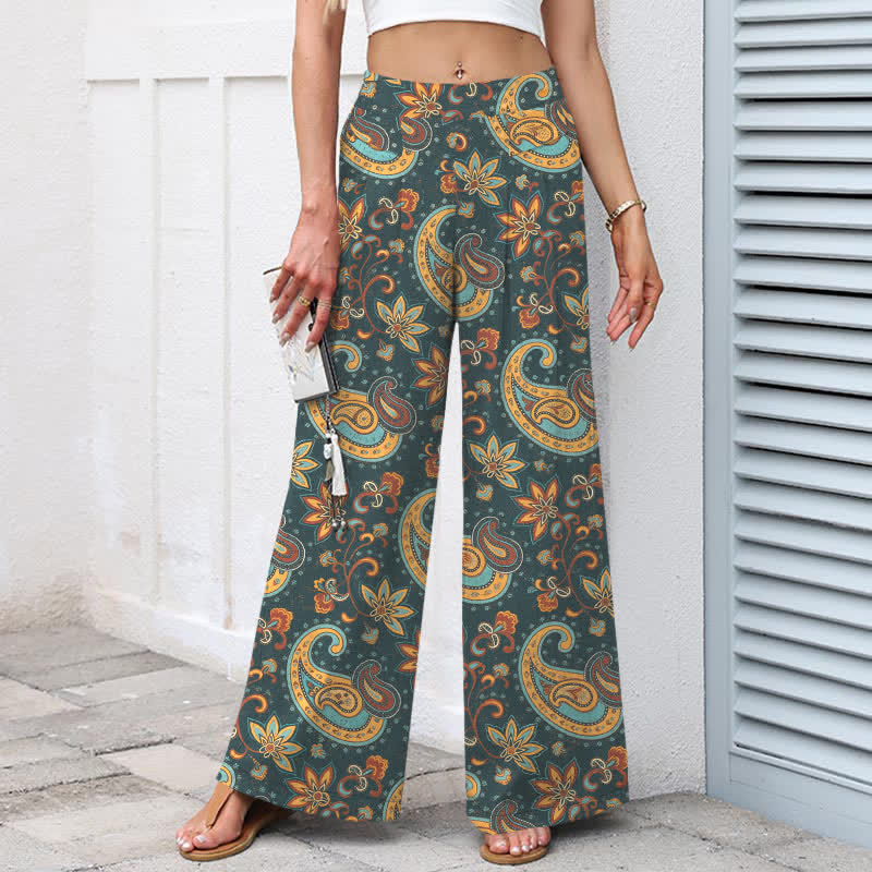 Buddha Stones Cotton Linen Bohemian Paisley Floral Pattern Women's Elastic Waist Wide Leg Pants With Pockets - image 8