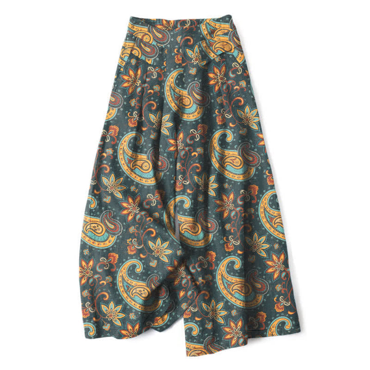 Buddha Stones Cotton Linen Bohemian Paisley Floral Pattern Women's Elastic Waist Wide Leg Pants With Pockets - Teal - US16，UK/AU20，EU48 (3XL) - image 7