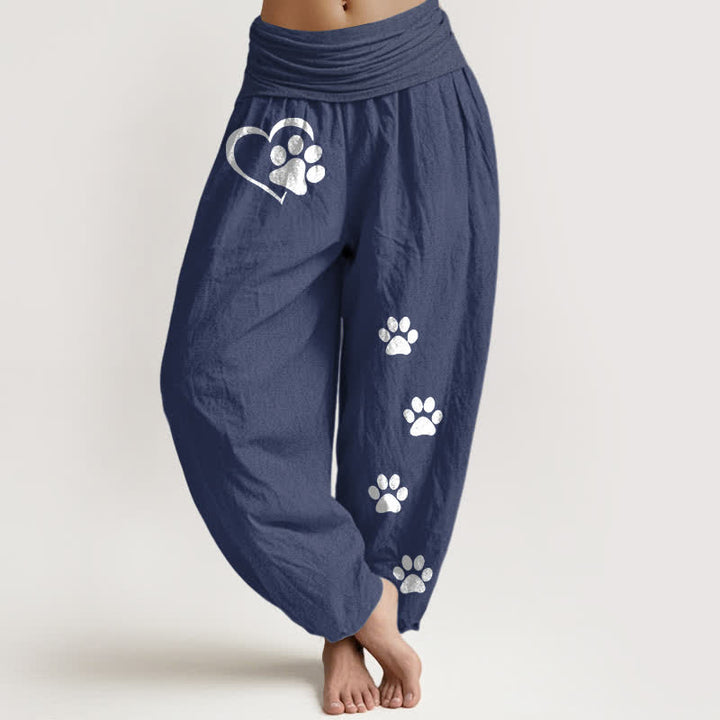 Buddha Stones Pure Cotton Heart Paw Print Pattern Women's Elastic Waist Harem Pants - DarkSlateBlue - US16，UK/AU20，EU48 (3XL) - image 5