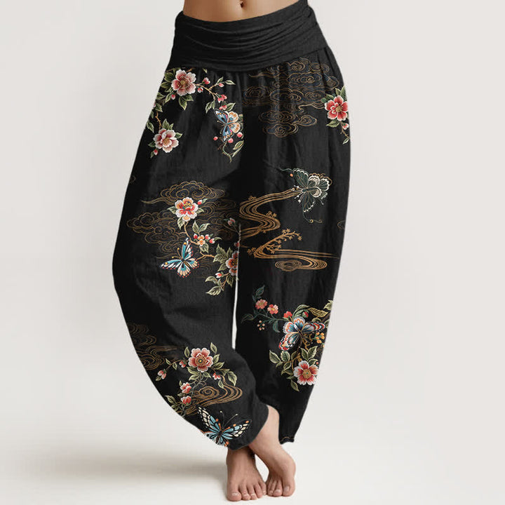 Buddha Stones Pure Cotton Floral Butterfly Pattern Women's Elastic Waist Harem Pants - Black - US16，UK/AU20，EU48 (3XL) - image 0