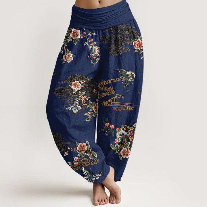 Buddha Stones Pure Cotton Floral Butterfly Pattern Women's Elastic Waist Harem Pants - Navy - US16，UK/AU20，EU48 (3XL) - image 5