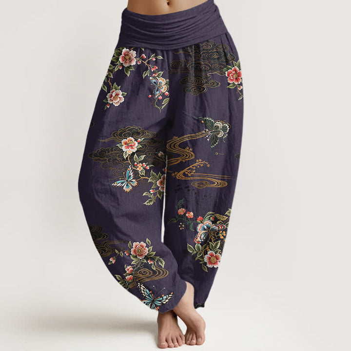 Buddha Stones Pure Cotton Floral Butterfly Pattern Women's Elastic Waist Harem Pants - Indigo - US16，UK/AU20，EU48 (3XL) - image 8