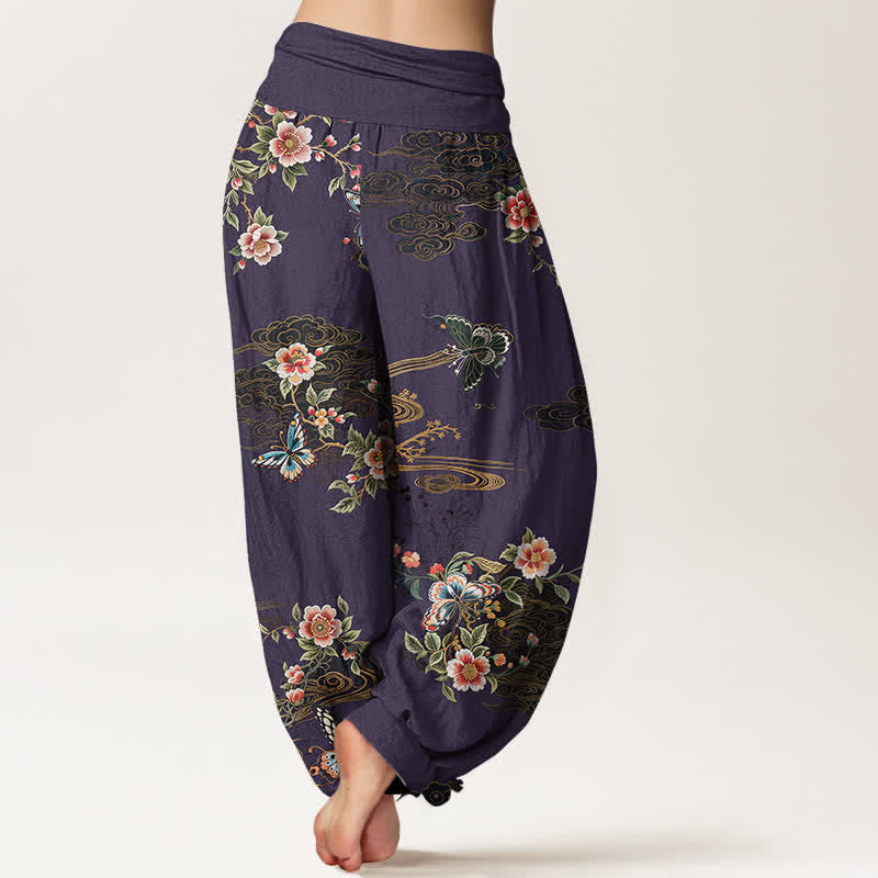 Buddha Stones Pure Cotton Floral Butterfly Pattern Women's Elastic Waist Harem Pants - image 9