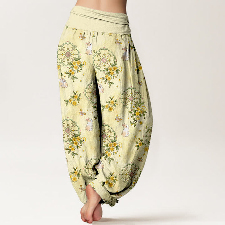 Buddha Stones Pure Cotton Floral Vine Rabbit Pattern Women's Elastic Waist Harem Pants - image 1