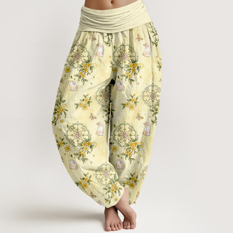 Buddha Stones Pure Cotton Floral Vine Rabbit Pattern Women's Elastic Waist Harem Pants - LemonChiffon - US16，UK/AU20，EU48 (3XL) - image 0