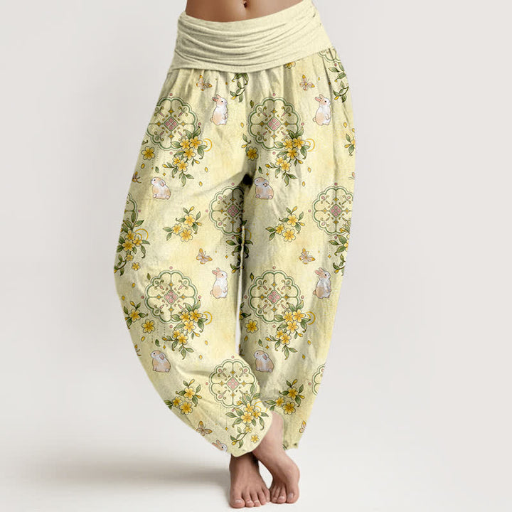 Buddha Stones Pure Cotton Floral Vine Rabbit Pattern Women's Elastic Waist Harem Pants - LemonChiffon - US16，UK/AU20，EU48 (3XL) - image 0