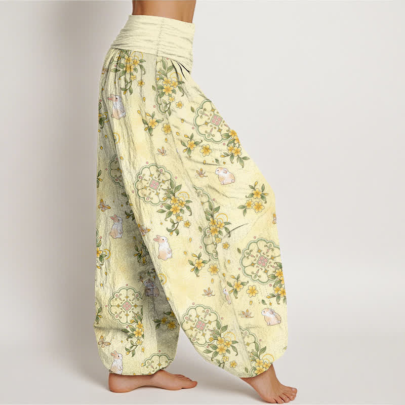 Buddha Stones Pure Cotton Floral Vine Rabbit Pattern Women's Elastic Waist Harem Pants - image 2