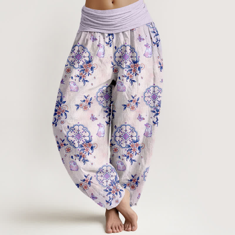 Buddha Stones Pure Cotton Floral Vine Rabbit Pattern Women's Elastic Waist Harem Pants - Lavender - US16，UK/AU20，EU48 (3XL) - image 5