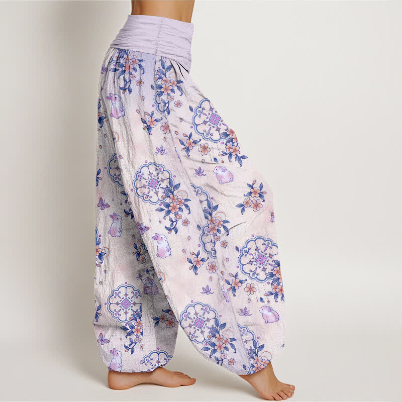 Buddha Stones Pure Cotton Floral Vine Rabbit Pattern Women's Elastic Waist Harem Pants - image 7