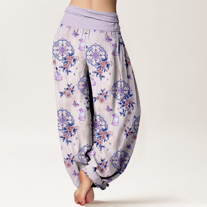 Buddha Stones Pure Cotton Floral Vine Rabbit Pattern Women's Elastic Waist Harem Pants - image 6