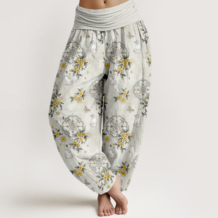 Buddha Stones Pure Cotton Floral Vine Rabbit Pattern Women's Elastic Waist Harem Pants - LightGrey - US16，UK/AU20，EU48 (3XL) - image 8