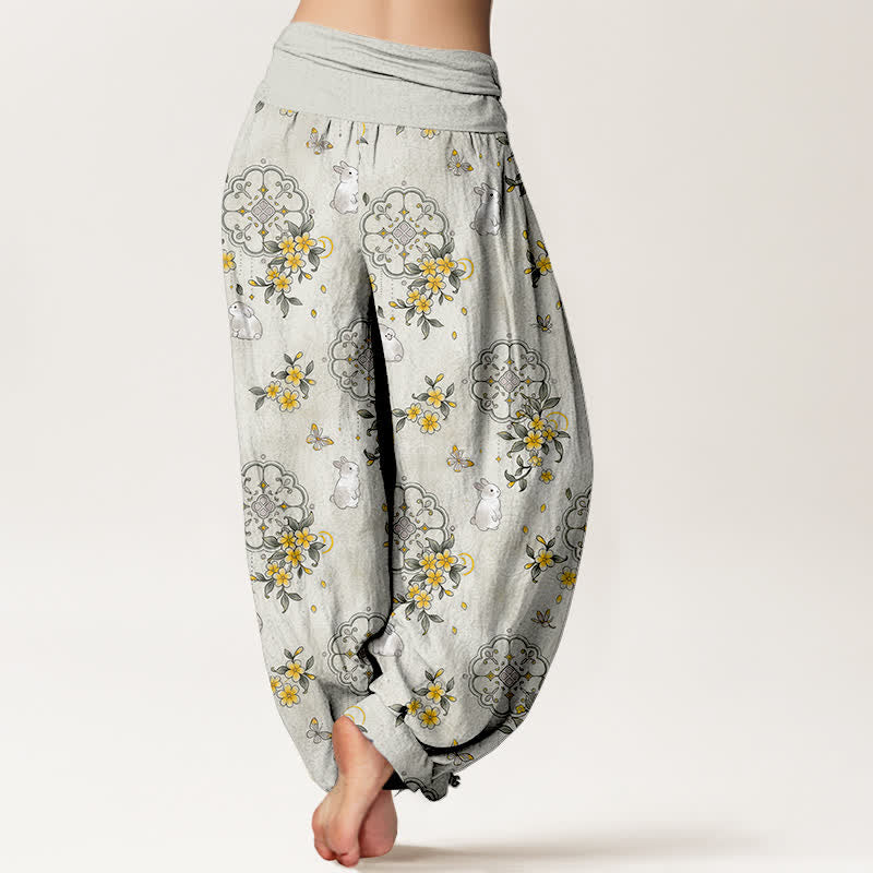 Buddha Stones Pure Cotton Floral Vine Rabbit Pattern Women's Elastic Waist Harem Pants - image 9