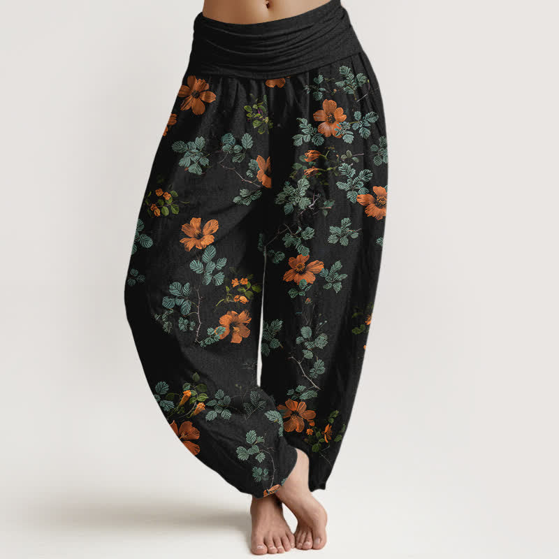 Buddha Stones Cotton Orange Floral Leaf Pattern Women's Elastic Waist Harem Pants - Black - US16，UK/AU20，EU48 (3XL) - image 0