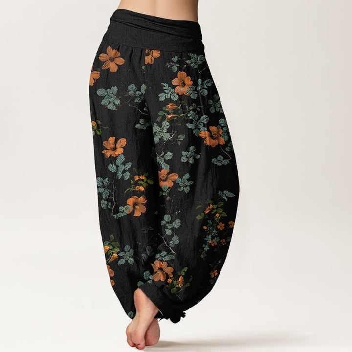 Buddha Stones Cotton Orange Floral Leaf Pattern Women's Elastic Waist Harem Pants - image 1