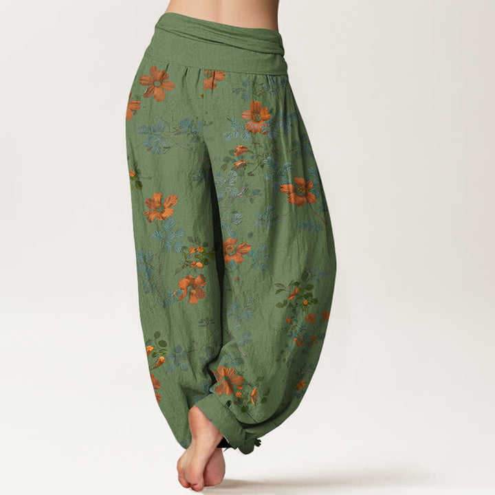 Buddha Stones Cotton Orange Floral Leaf Pattern Women's Elastic Waist Harem Pants - image 9