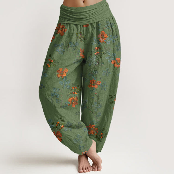 Buddha Stones Cotton Orange Floral Leaf Pattern Women's Elastic Waist Harem Pants - DarkSeaGreen - US16，UK/AU20，EU48 (3XL) - image 8