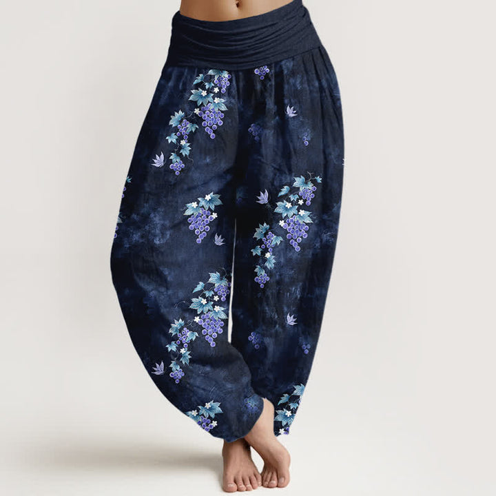 Buddha Stones Cotton Vintage Grape Vine Pattern Women's Elastic Waist Harem Pants - Navy - US16，UK/AU20，EU48 (3XL) - image 5