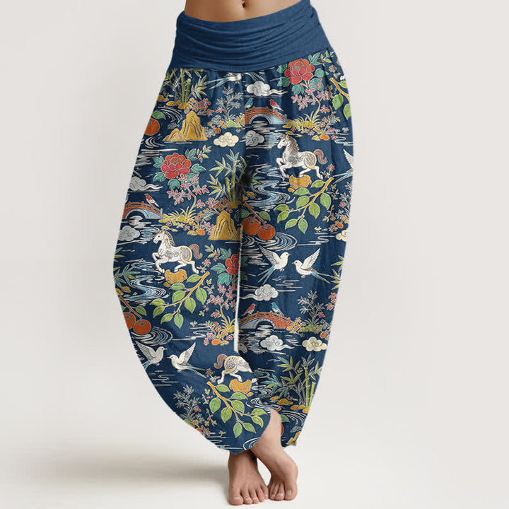 Buddha Stones Cotton Horse Bird Landscape Floral Pattern Women's Elastic Waist Harem Pants - Navy - US16，UK/AU20，EU48 (3XL) - image 0