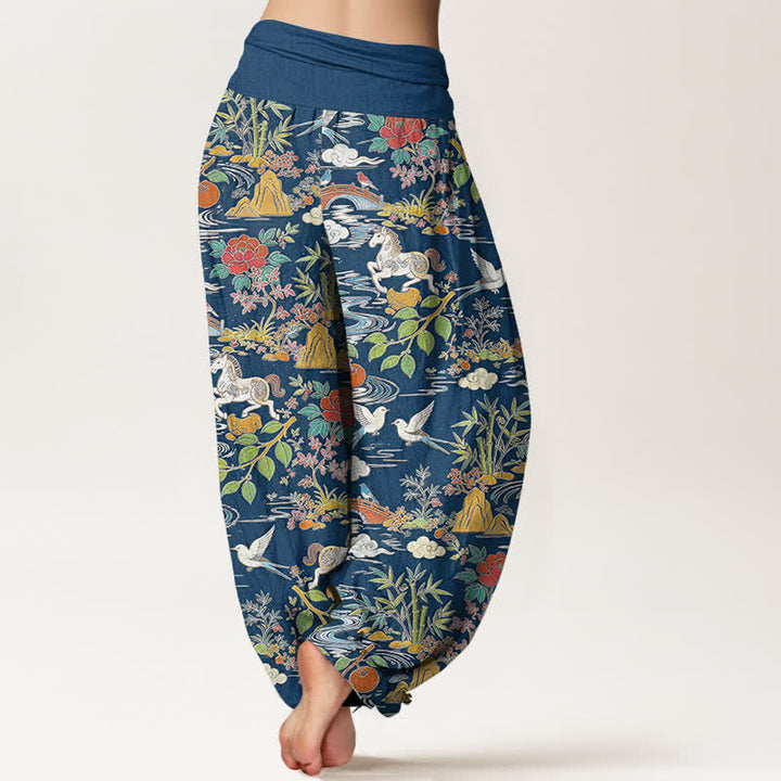Buddha Stones Cotton Horse Bird Landscape Floral Pattern Women's Elastic Waist Harem Pants - image 1