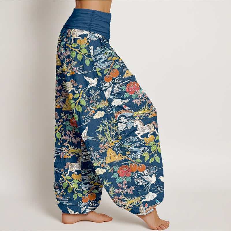 Buddha Stones Cotton Horse Bird Landscape Floral Pattern Women's Elastic Waist Harem Pants - image 2