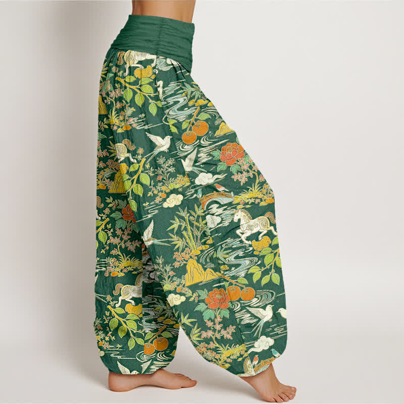Buddha Stones Cotton Horse Bird Landscape Floral Pattern Women's Elastic Waist Harem Pants - image 7