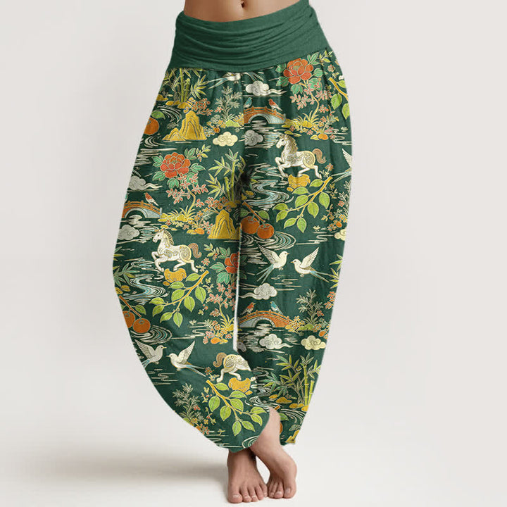Buddha Stones Cotton Horse Bird Landscape Floral Pattern Women's Elastic Waist Harem Pants - ForestGreen - US16，UK/AU20，EU48 (3XL) - image 5