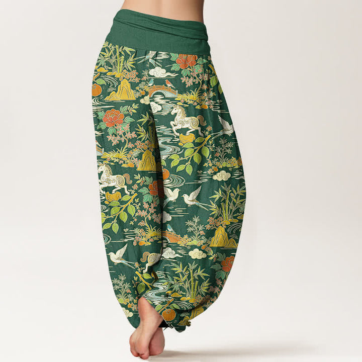 Buddha Stones Cotton Horse Bird Landscape Floral Pattern Women's Elastic Waist Harem Pants - image 6
