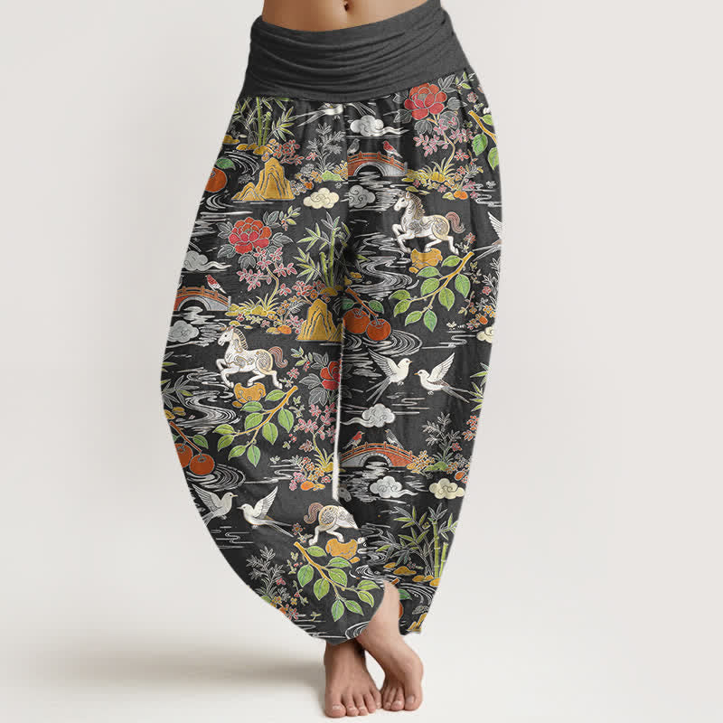 Buddha Stones Cotton Horse Bird Landscape Floral Pattern Women's Elastic Waist Harem Pants - DimGray - US16，UK/AU20，EU48 (3XL) - image 8