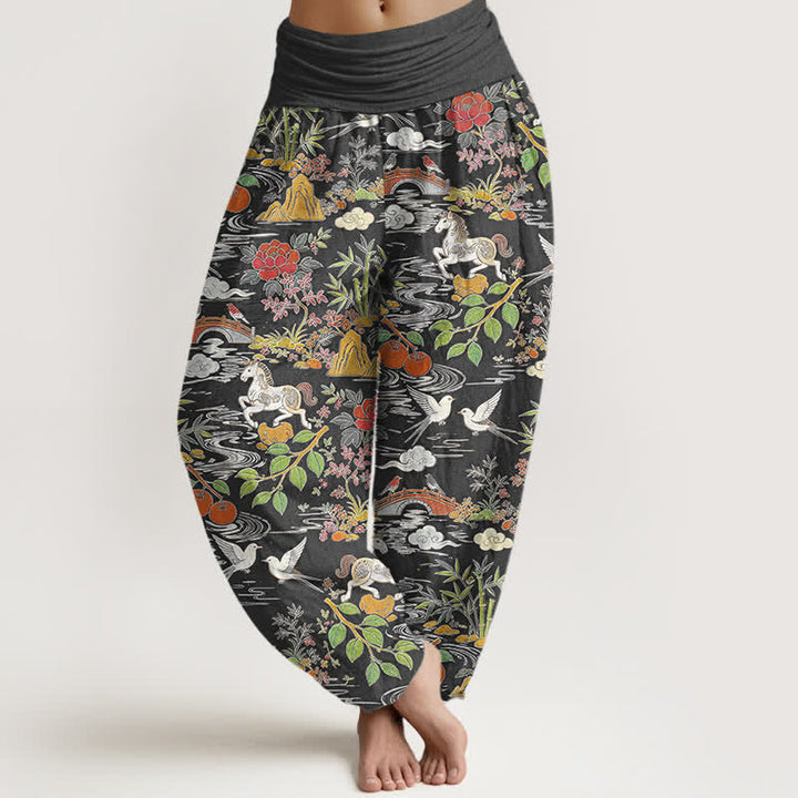 Buddha Stones Cotton Horse Bird Landscape Floral Pattern Women's Elastic Waist Harem Pants - DimGray - US16，UK/AU20，EU48 (3XL) - image 8