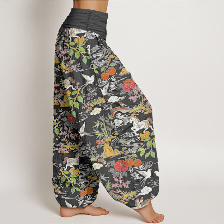 Buddha Stones Cotton Horse Bird Landscape Floral Pattern Women's Elastic Waist Harem Pants - image 10