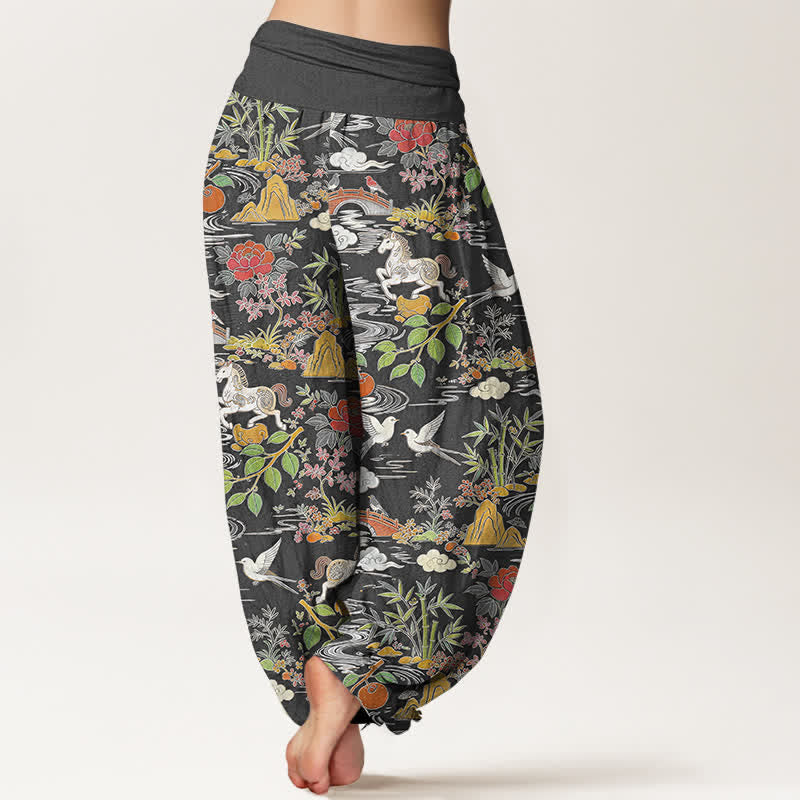 Buddha Stones Cotton Horse Bird Landscape Floral Pattern Women's Elastic Waist Harem Pants - image 9