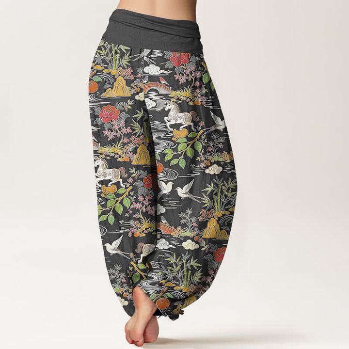 Buddha Stones Cotton Horse Bird Landscape Floral Pattern Women's Elastic Waist Harem Pants - image 9