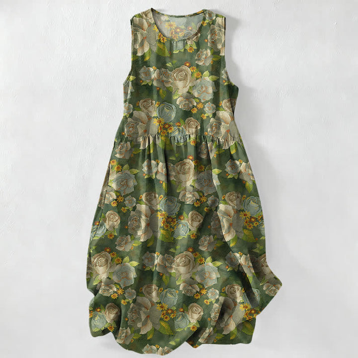 Buddha Stones Summer Casual Vintage Rose Flowers Pattern Women's Summer Sleeveless Midi Dress With Pockets - Olive - US16，UK/AU20，EU48 (3XL) - image 4
