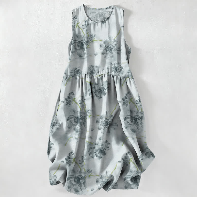 Buddha Stones Summer Casual Floral Botanical Pattern Women's Summer Sleeveless Midi Dress With Pockets - LightBlue - US16，UK/AU20，EU48 (3XL) - image 0